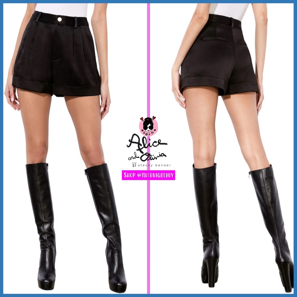 Alice + Olivia Conry Black Satin Cuff Shorts